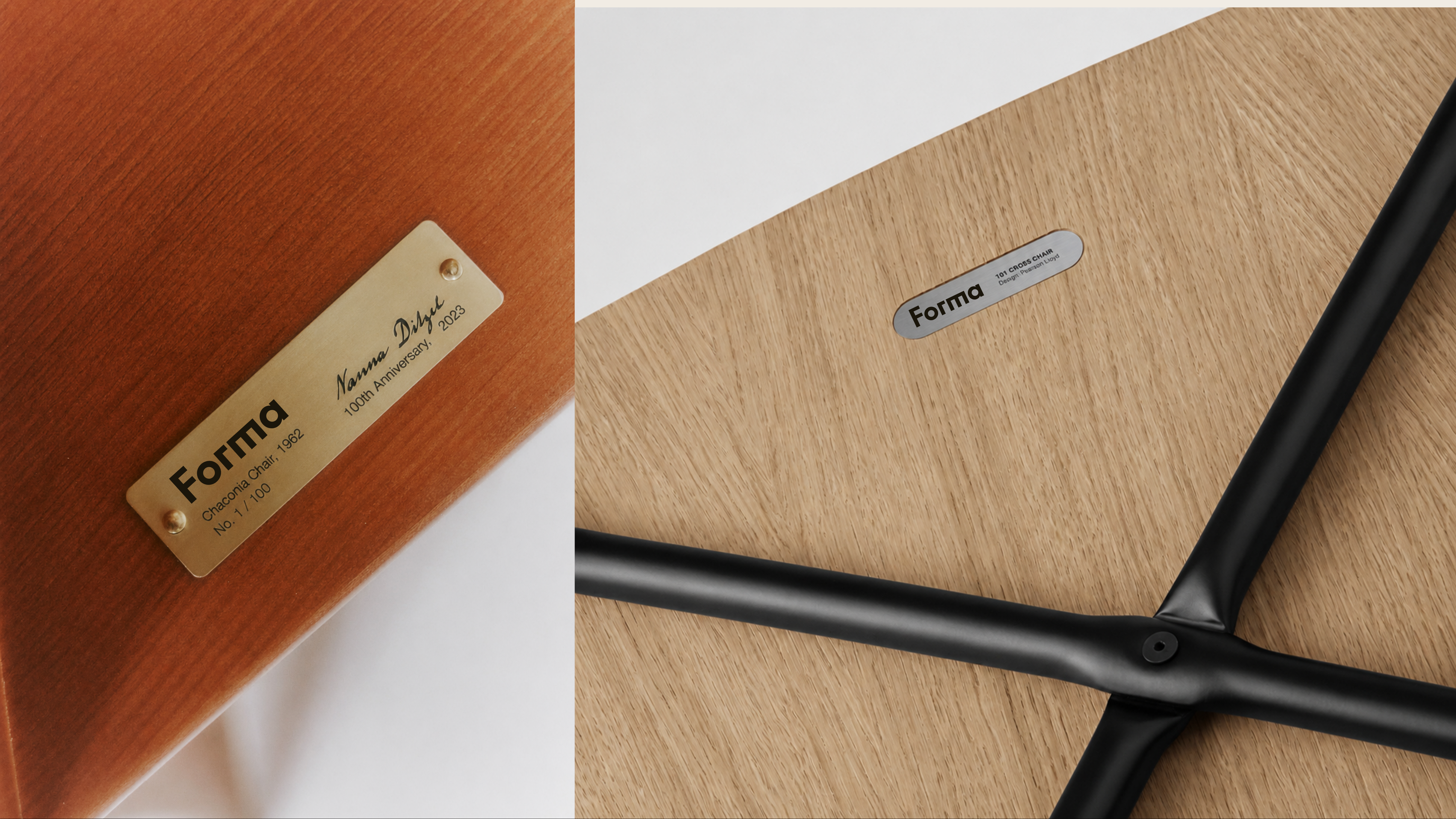 Forma product naming plaques on furniture surfaces