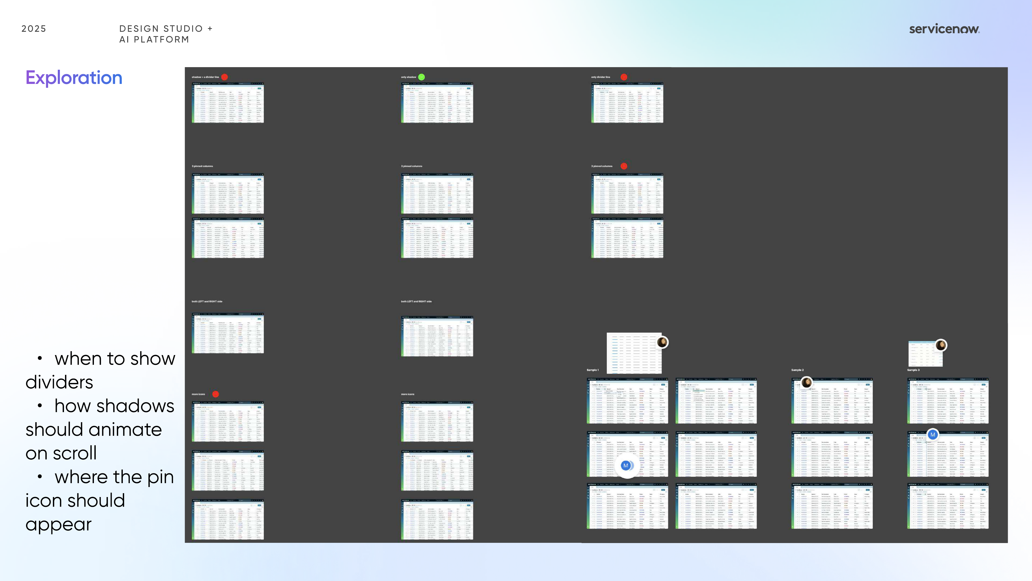Column Pinning exploration board covering dividers, shadows, and pin icon placement