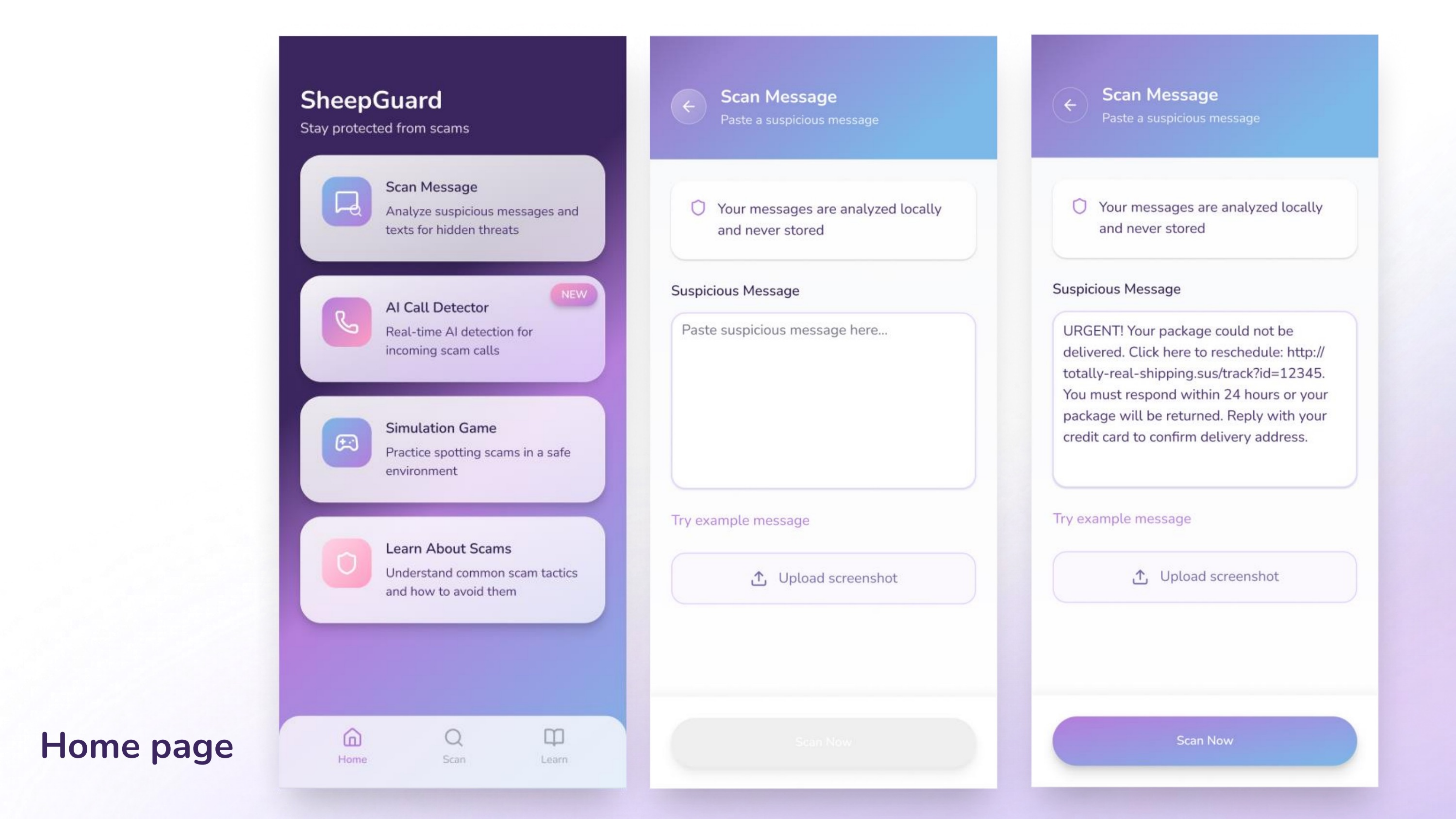 SheepGuard home page and scan message workflow